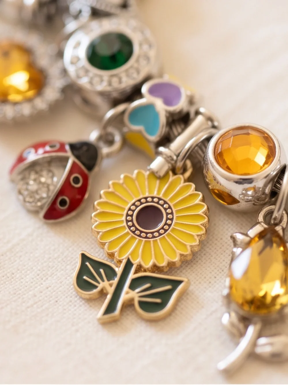 Silver Sunflower & Ladybug Garden Charm Bangle Bracelet (6